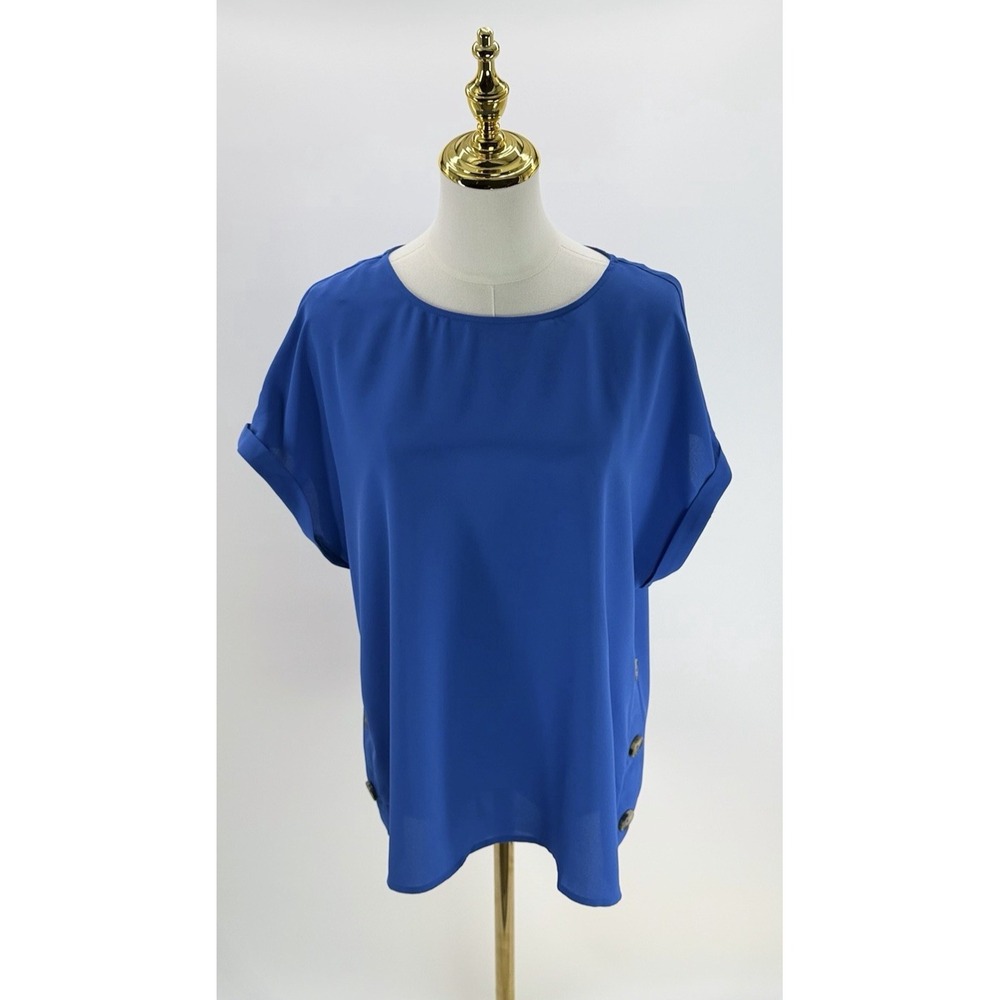 Jones New York Women's Short Sleeve Button Detail Sapphire Blue Size Large L